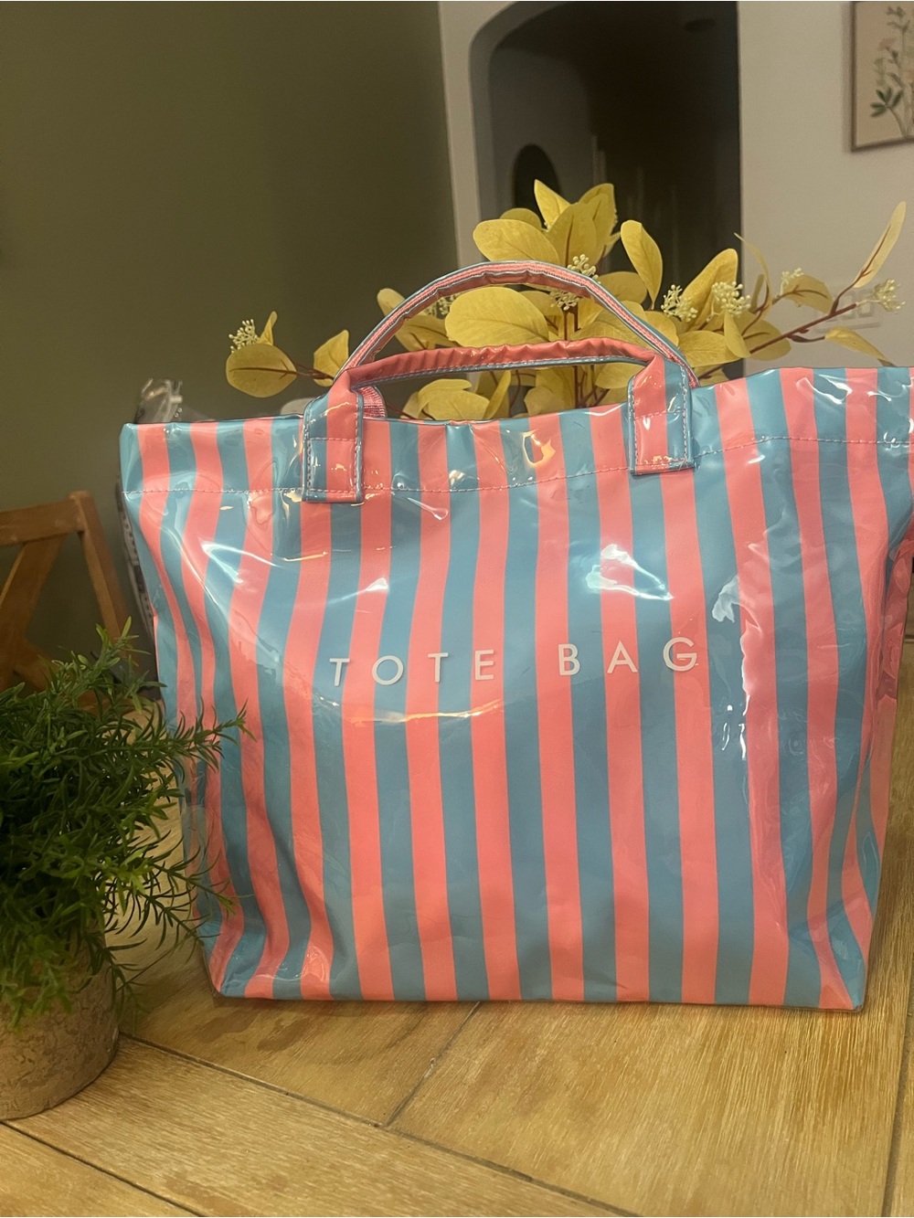 Pink & Blue Striped Tote Bag - Unbranded